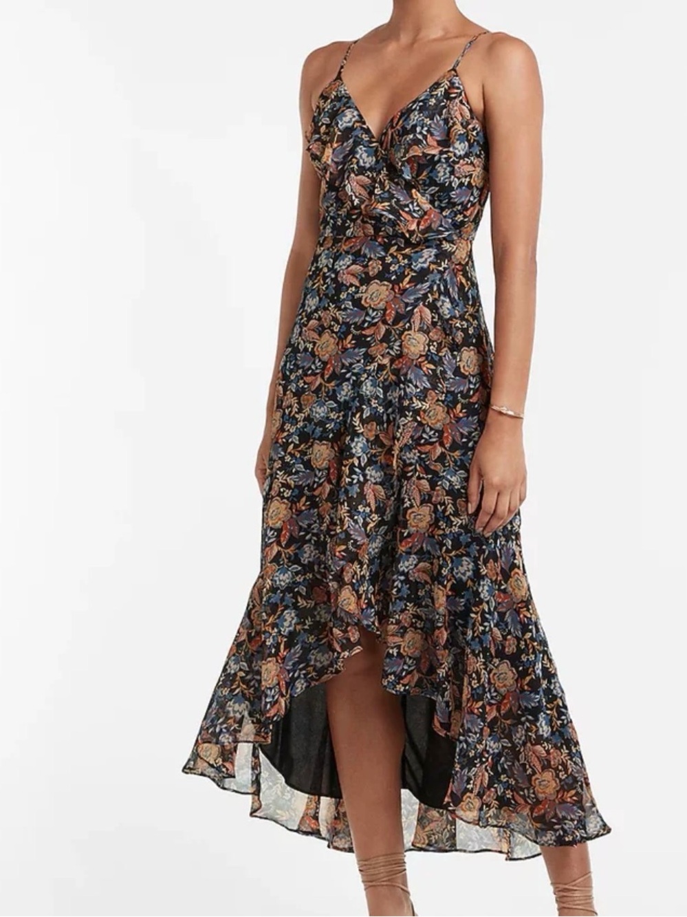 Express Navy Floral Asymmetrical Slip Dress with Coral Accents